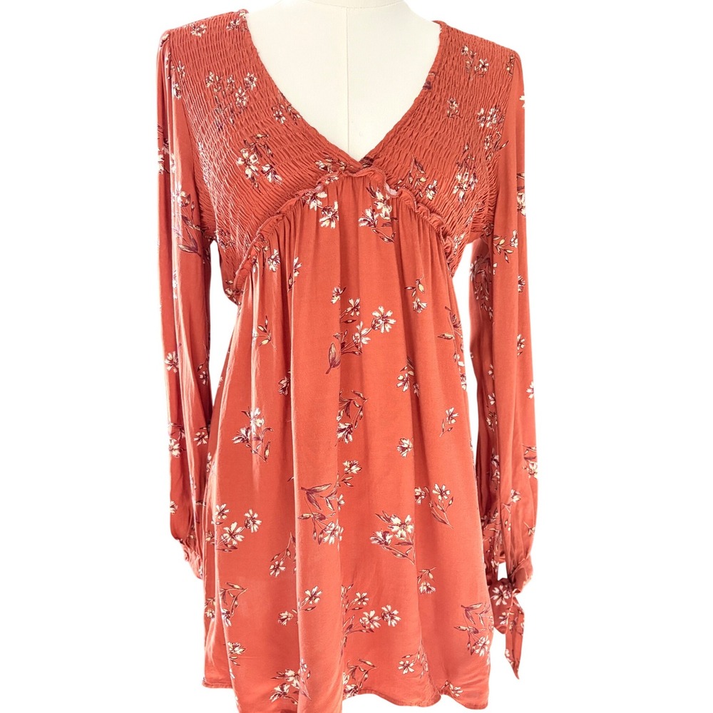 Wild Fable Floral Smocked V-Neck Mini Dress Burnt Orange Boho Long Sleeve Small